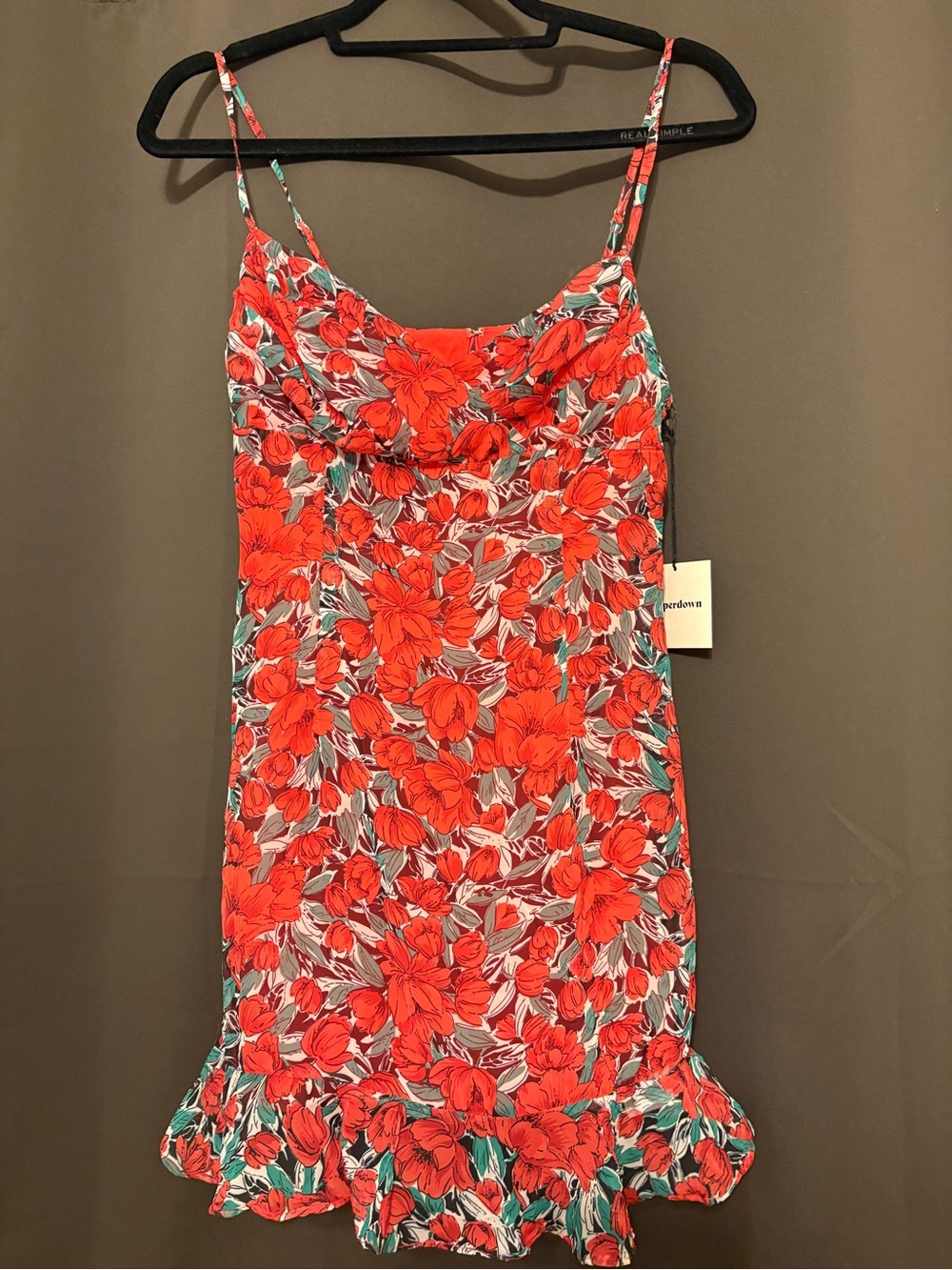 superdown red floral dress with green leaf rint